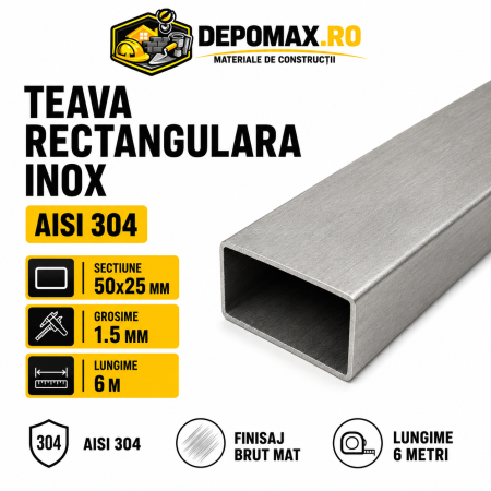 Teava rectangulara inox AISI 304, 50 x 25 x 1.5 mm, 6 metri